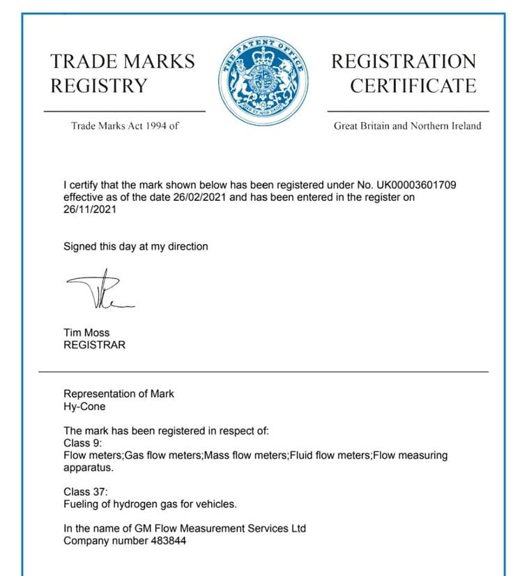Official trade mark certificate for Hy-Cone™ meter