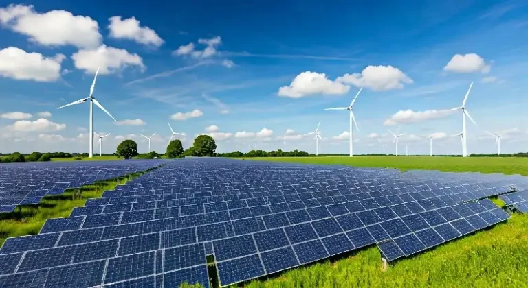 solar array in a grass field with wind turbines in the distance