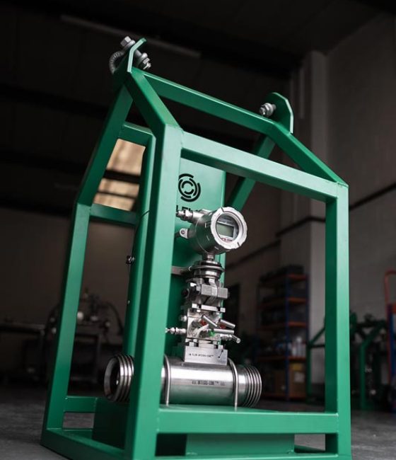 Nitrogen gas flow meter in green painted offshore cradle